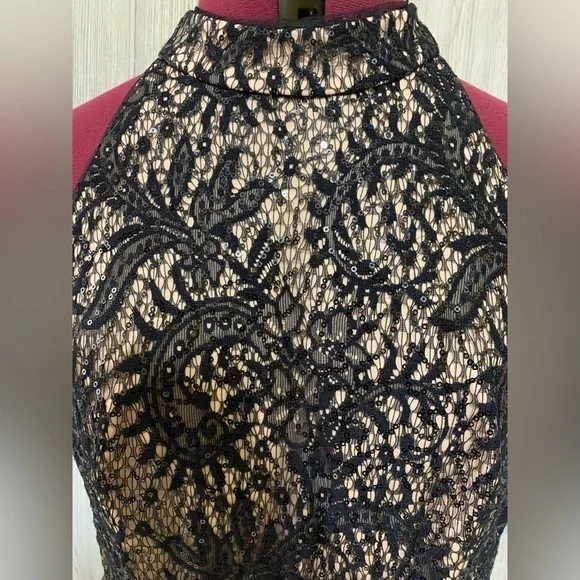 NWT Xscape Black and Nude Lace Pleated Skirt Halter Evening Cocktail Dress Sz 10 - Picture 3 of 16